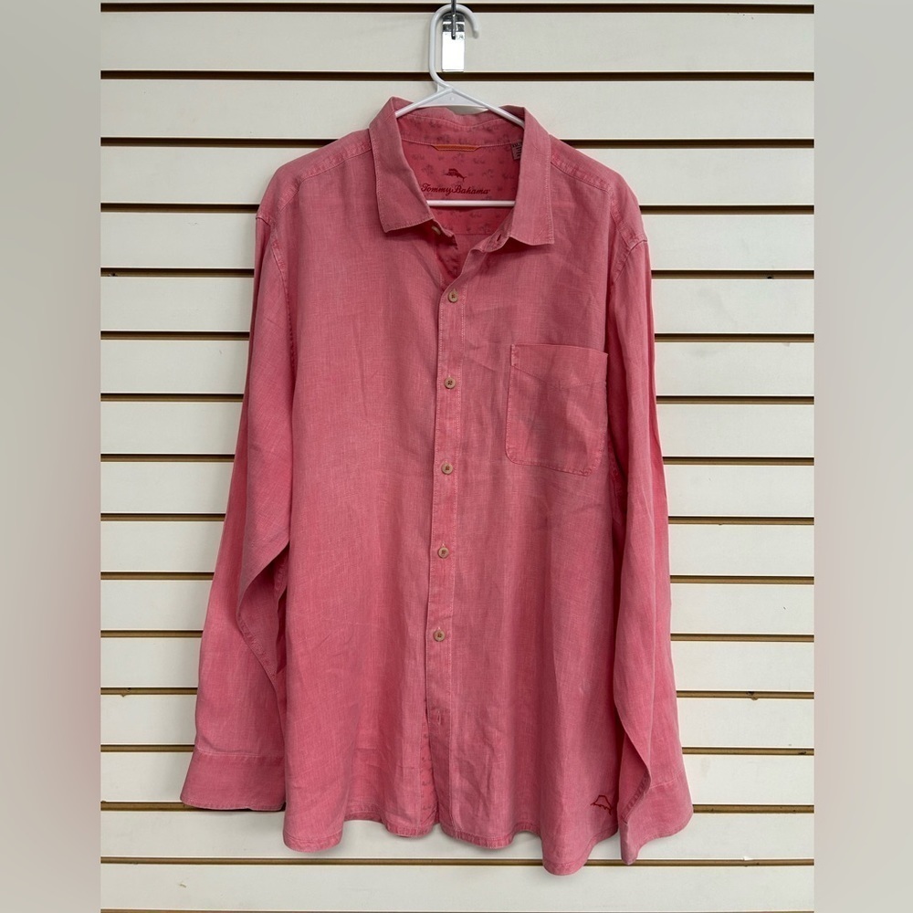 Tommy Bahama 100% Linen Button Down Shirt Pink‎ 2XL Long Sleeve Flawed